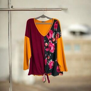 Story Teller Plus 3X Floral Color-block Pullover Top Tunic Style Front Tie Knot